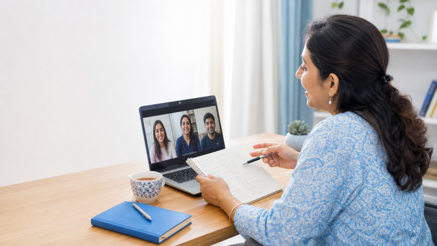 A live online class with a trainer guiding a small group of learners