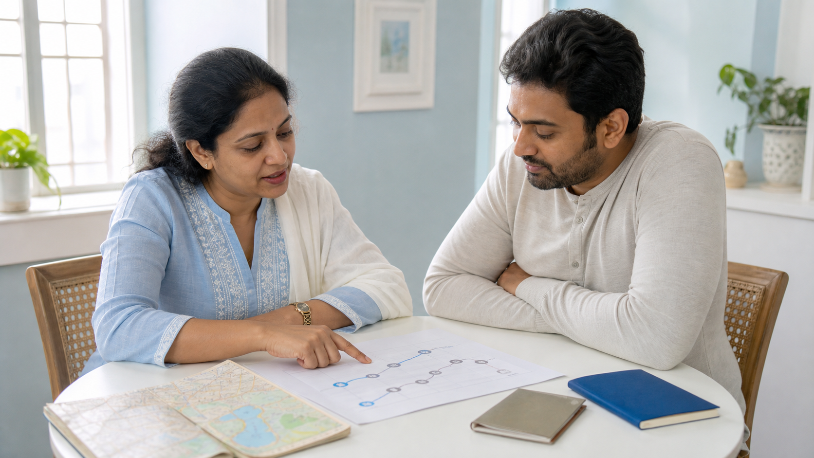 A trainer and learner planning a personal language-learning route