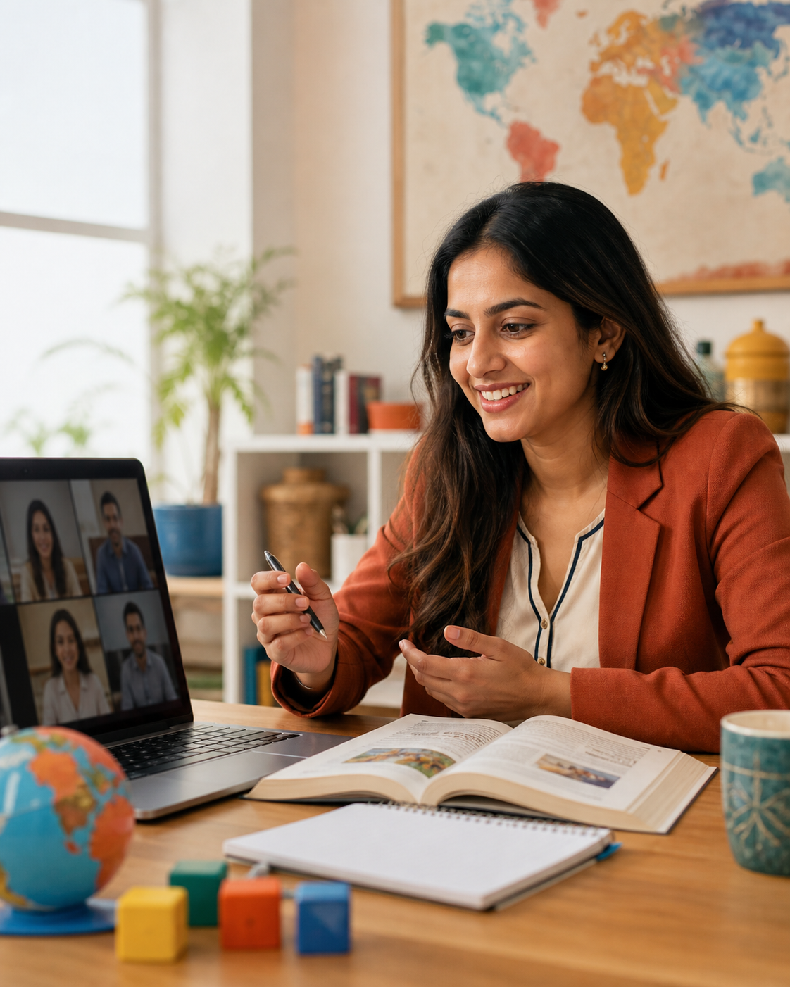 A language educator leading a live online lesson